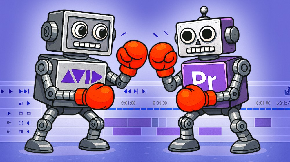Two cartoon robots wearing boxing gloves, representing Avid and Premiere Pro facing off in a friendly battle — symbolizing the transition between editing platforms.